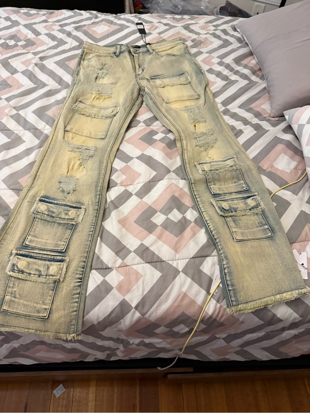 NovaMen Distressed Utility Cargo Jeans in Faded Yellow for Men